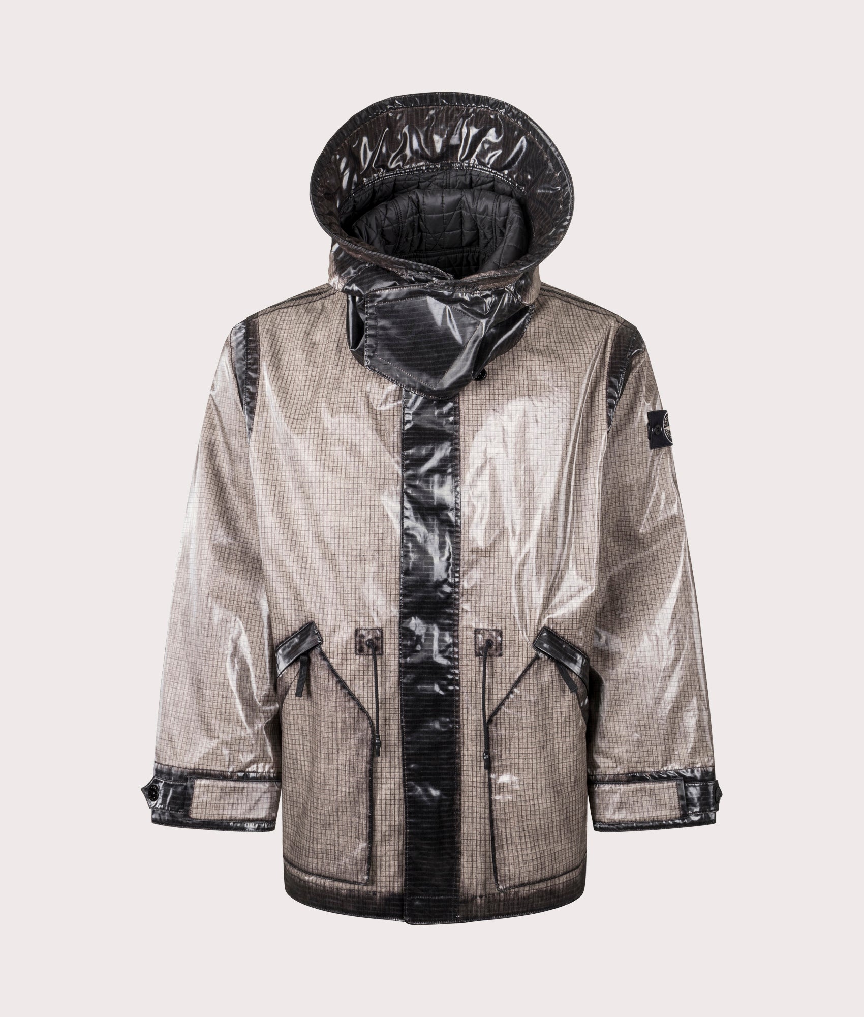 Uneven Ripstop Prismatico Parka in Pearl Grey | Stone Island | EQVVS | Front shot open collar shot 