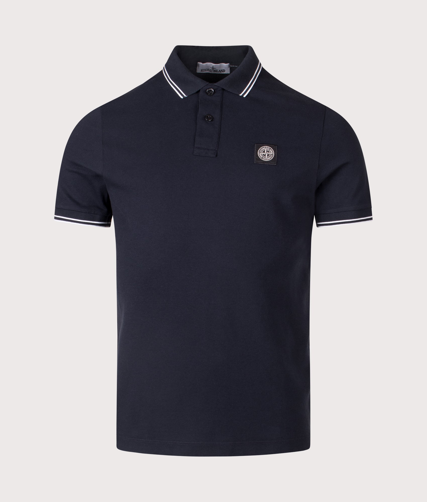 Stone Island Slim Fit Striped Collar Polo Shirt in Navy Blue at EQVVS Menswear. Front shot.