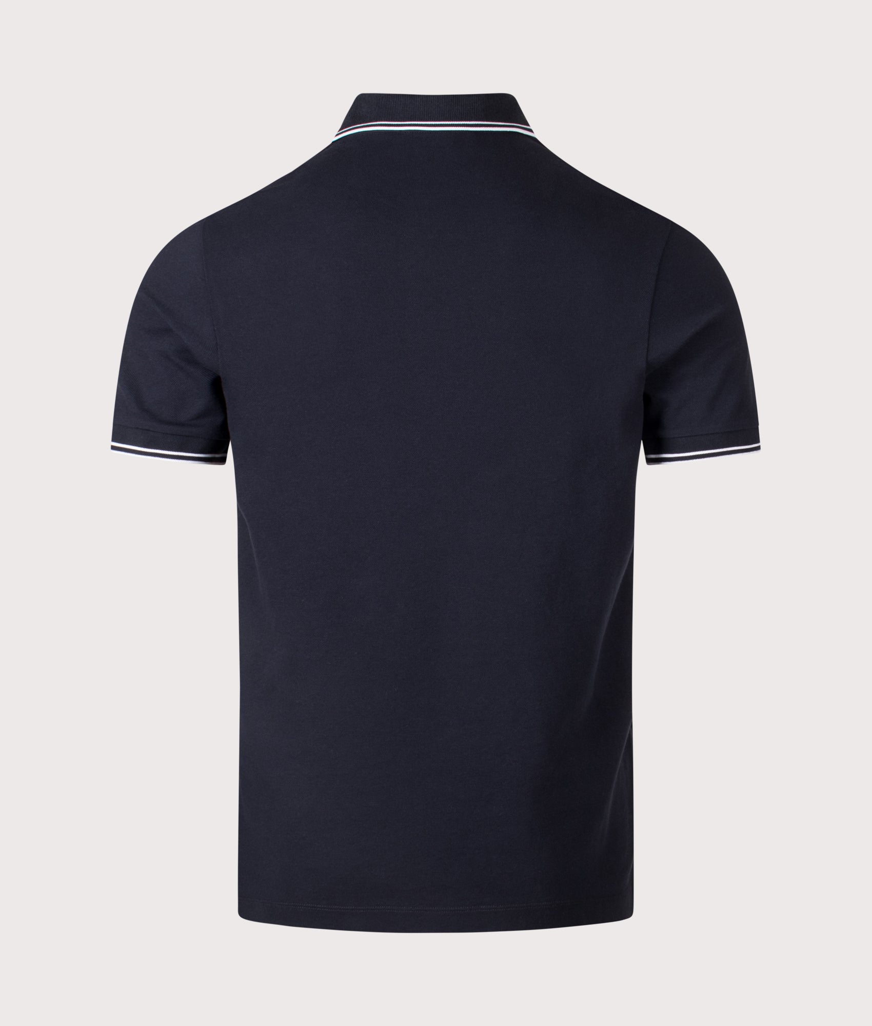 Stone Island Slim Fit Striped Collar Polo Shirt in Navy Blue at EQVVS Menswear. Back shot.