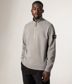 Organic Cotton Quarter Zip in Cement . 100% Organic Cotton | Stone Island | Shot at EQVVS | Front angle model shot 