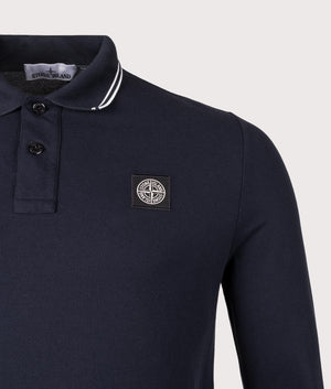 Piqué Polo Shirt by Stone Island in Navy Blue. Shot by EQVVS. Detail shot.