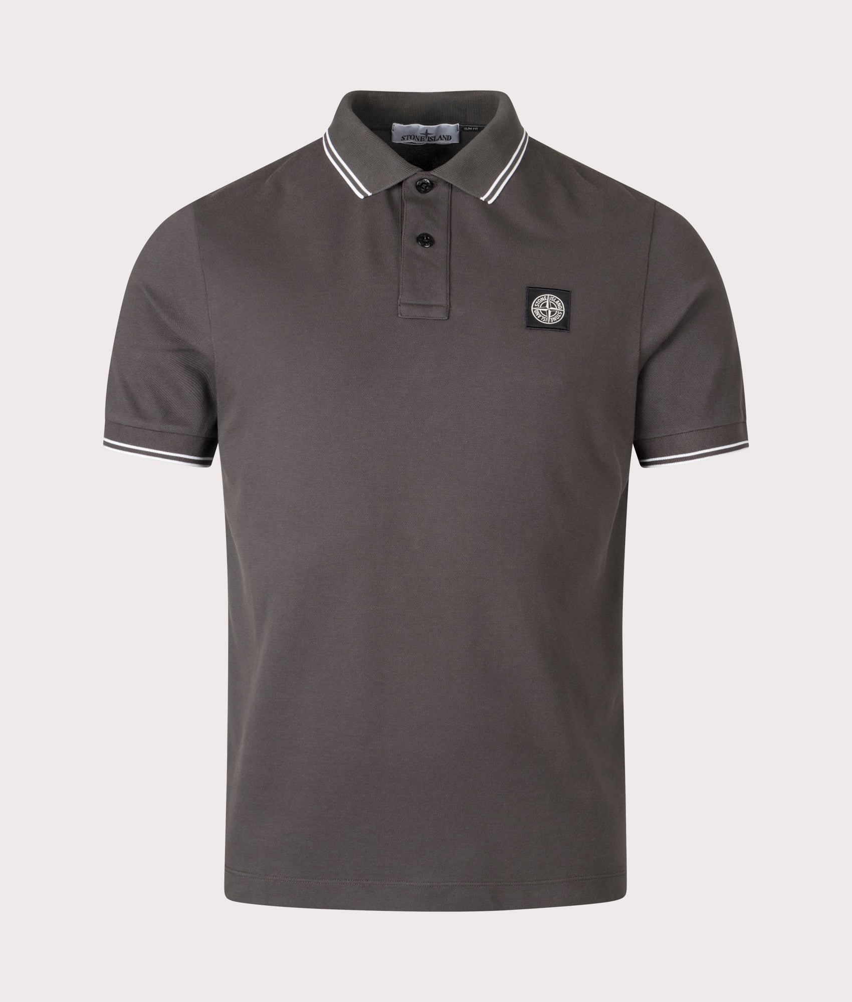 Stone Island Slim Fit Striped Collar Polo Shirt in Lead Grey at EQVVS Menswear. Front shot. 