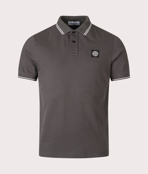 Stone Island Slim Fit Striped Collar Polo Shirt in Lead Grey at EQVVS Menswear. Front shot. 