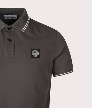 Stone Island Slim Fit Striped Collar Polo Shirt in Lead Grey at EQVVS Menswear. Detail shot.