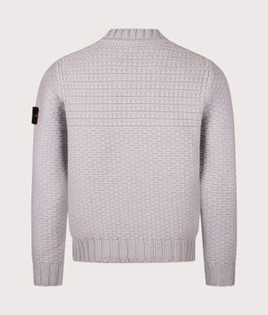 Mock Neck Wool Jumper in Pearl Grey. 100% Wool | Stone Island | Shot at EQVVS | Back shot 