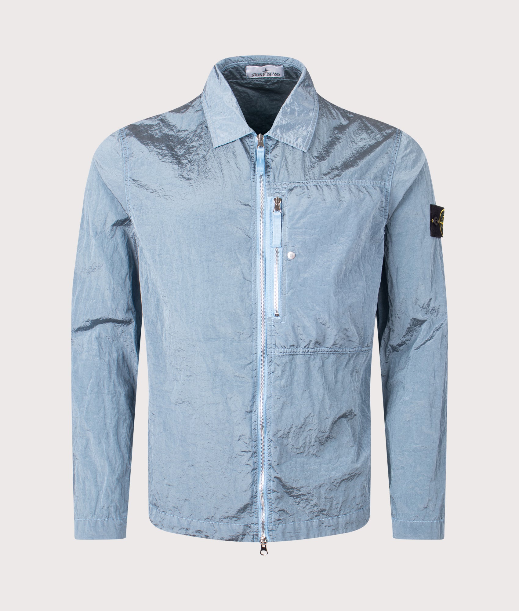 Stone Island Nylon Metal Overshirt in Steel Blue at EQVVS Menswear. Front shot 