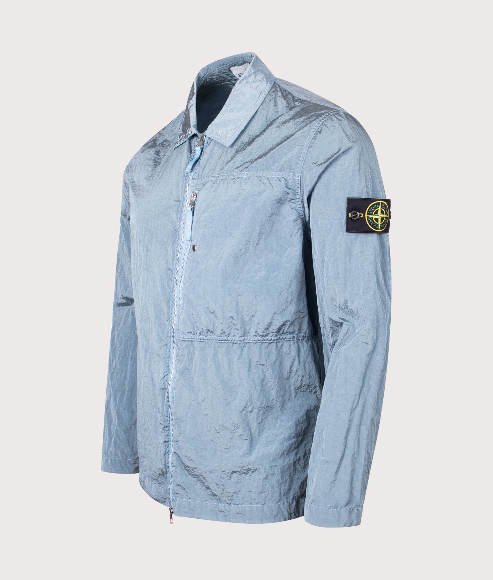 Stone Island Nylon Metal Overshirt in Steel Blue at EQVVS Menswear. Front angle shot 