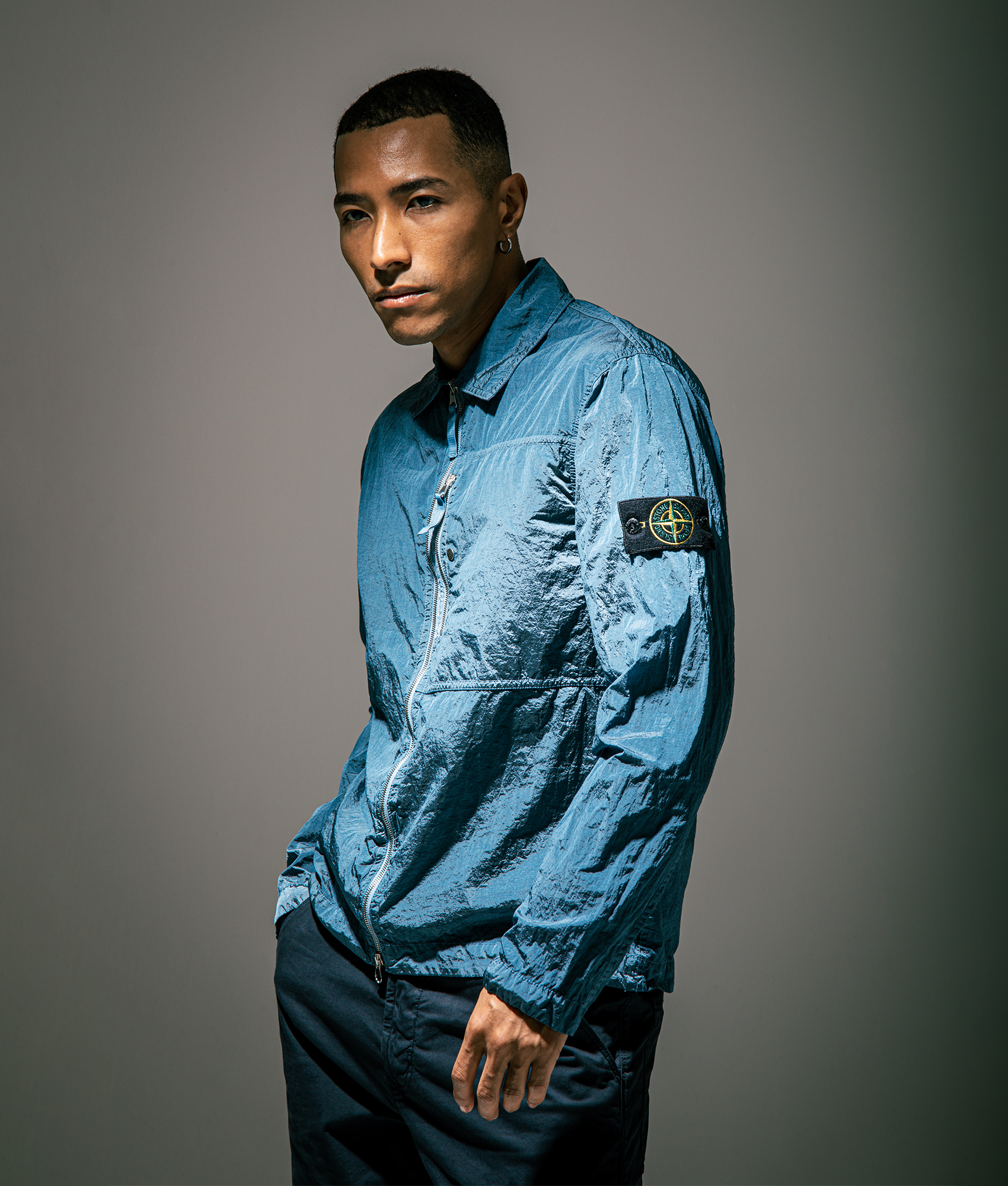Stone Island Nylon Metal Overshirt in Steel Blue at EQVVS Menswear. Campaign shot.
