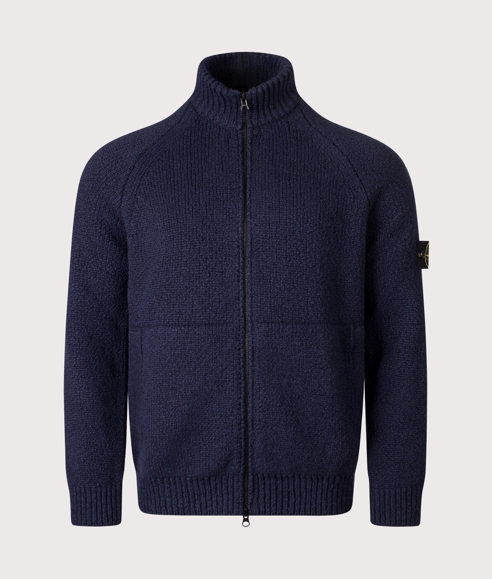 Zip Through Cardigan in Navy Blue. Wool blend | Stone Island | Shot at EQVVS | Front shot 