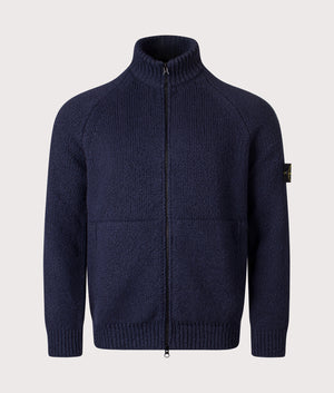 Zip Through Cardigan in Navy Blue. Wool blend | Stone Island | Shot at EQVVS | Front shot 