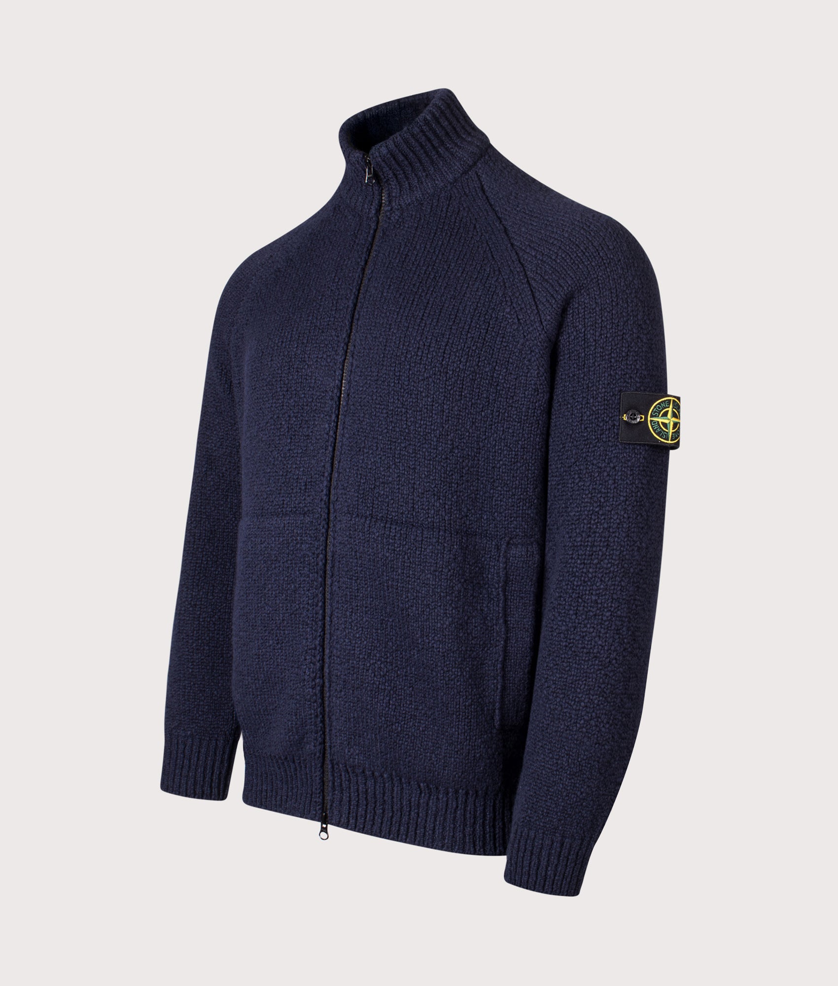 Zip Through Cardigan in Navy Blue. Wool blend | Stone Island | Shot at EQVVS | Front angle shot
