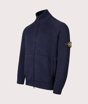 Zip Through Cardigan in Navy Blue. Wool blend | Stone Island | Shot at EQVVS | Front angle shot