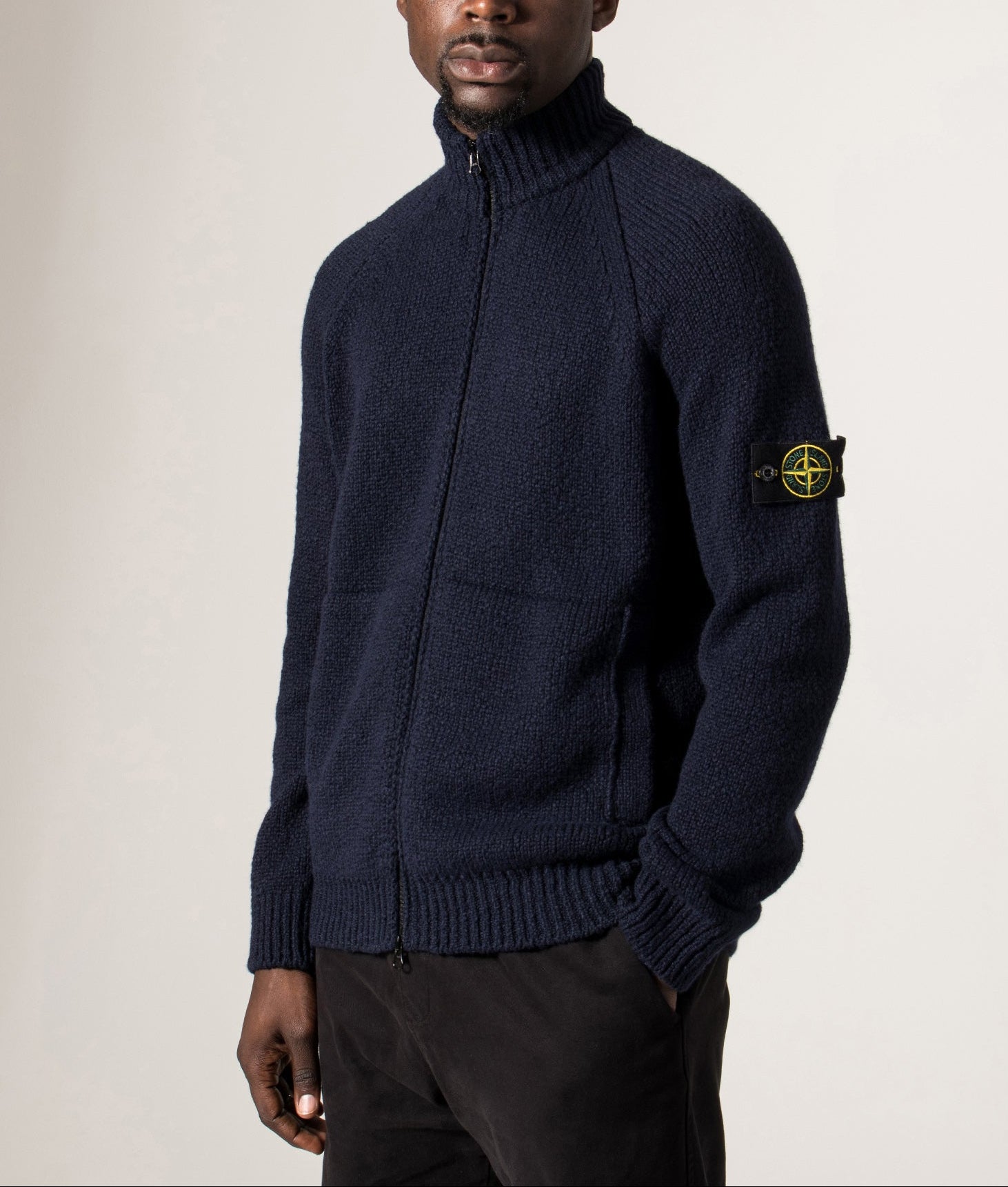 Zip Through Cardigan in Navy Blue. Wool blend | Stone Island | Shot at EQVVS | Front model angle shot