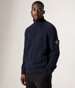 Zip Through Cardigan in Navy Blue. Wool blend | Stone Island | Shot at EQVVS | Front model angle shot