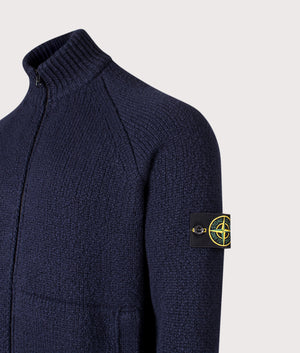 Zip Through Cardigan in Navy Blue. Wool blend | Stone Island | Shot at EQVVS | Front angle shot 