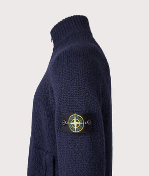 Zip Through Cardigan in Navy Blue. Wool blend | Stone Island | Shot at EQVVS | Side detail shot 