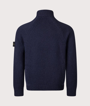 Zip Through Cardigan in Navy Blue. Wool blend | Stone Island | Shot at EQVVS | Back shot 