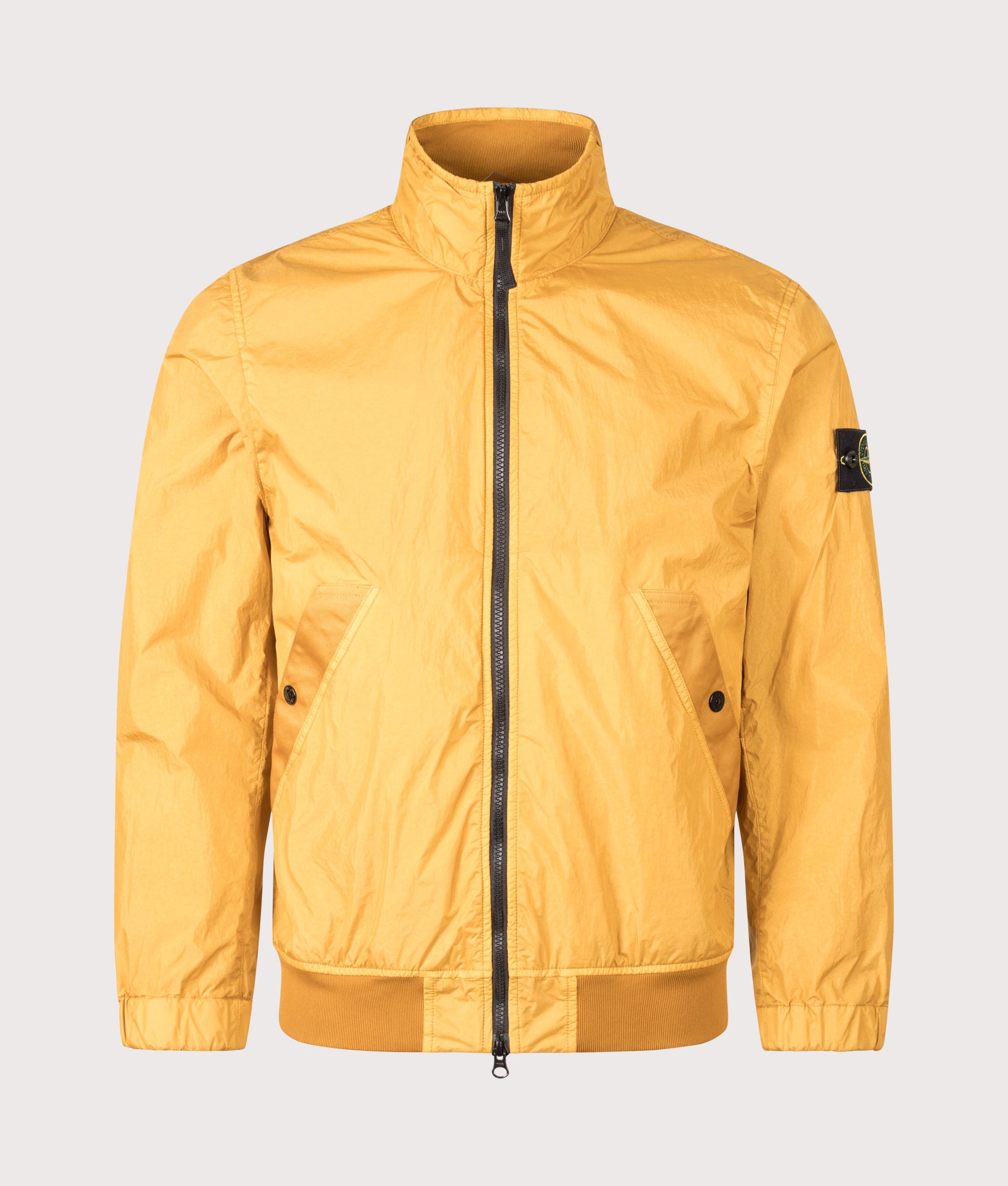 Crinkle Reps NY Stand Collar Bomber Jacket in Mustard | Stone Island | EQVVS | Front shot 