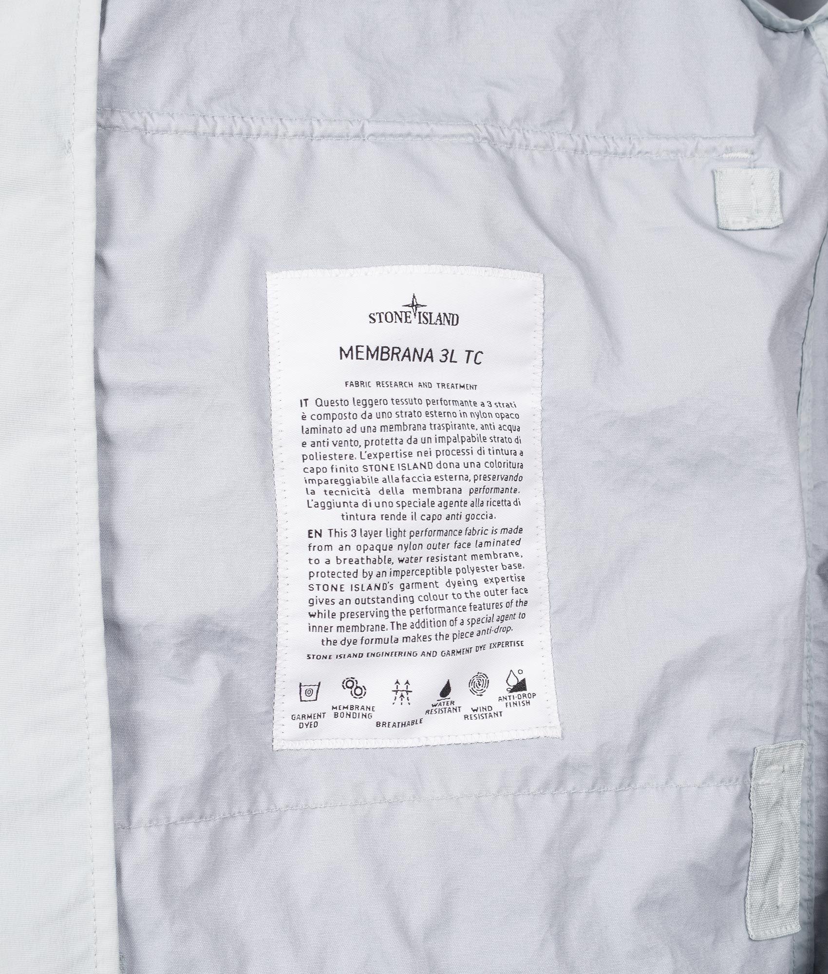 Hooded Full Zip Short Parka in Sky Blue | Stone Island | EQVVS | Label shot 