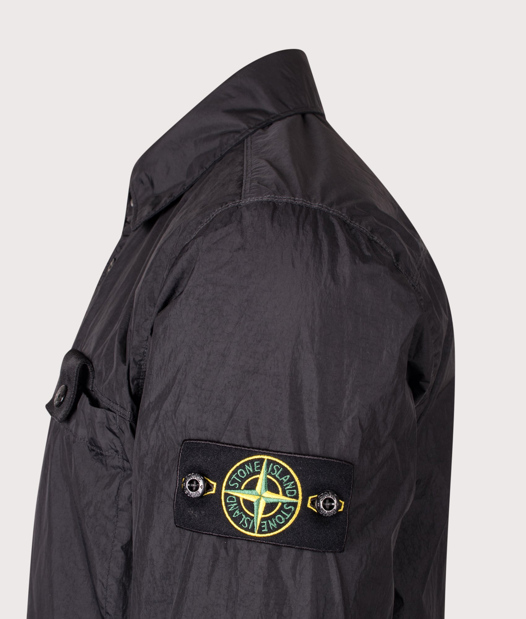 Stone Island Crinkle Reps NY Jacket in Black at EQVVS Menswear. Detail shot.