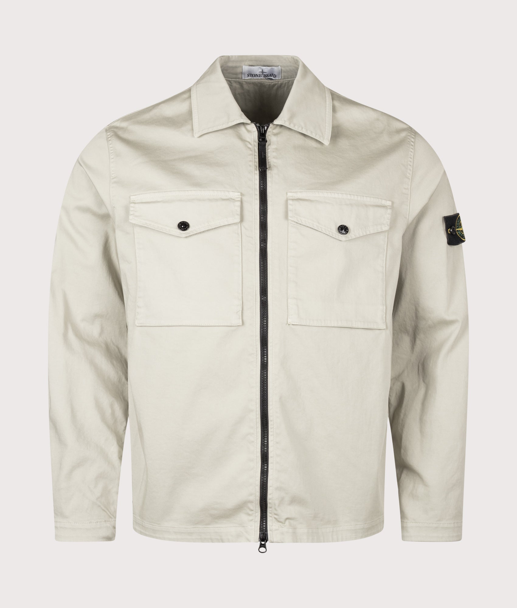 Stone Island Stretch Organic Cotton Satin Overshirt in Sand at EQVVS Menswear. Front shot.