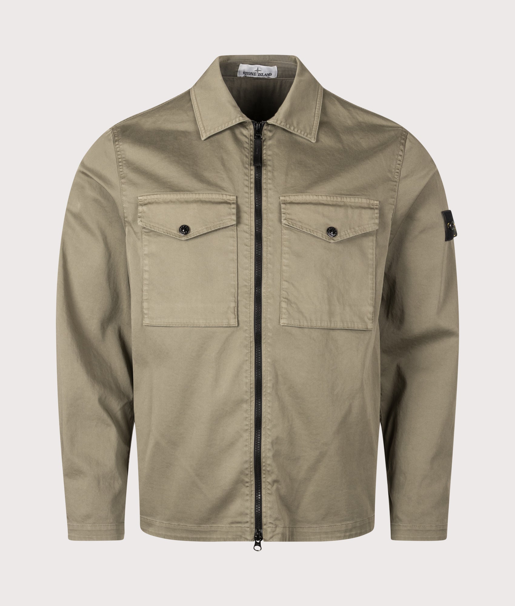 Stone Island Stretch Organic Cotton Satin Overshirt in Military Green at EQVVS Menswear. Front shot.