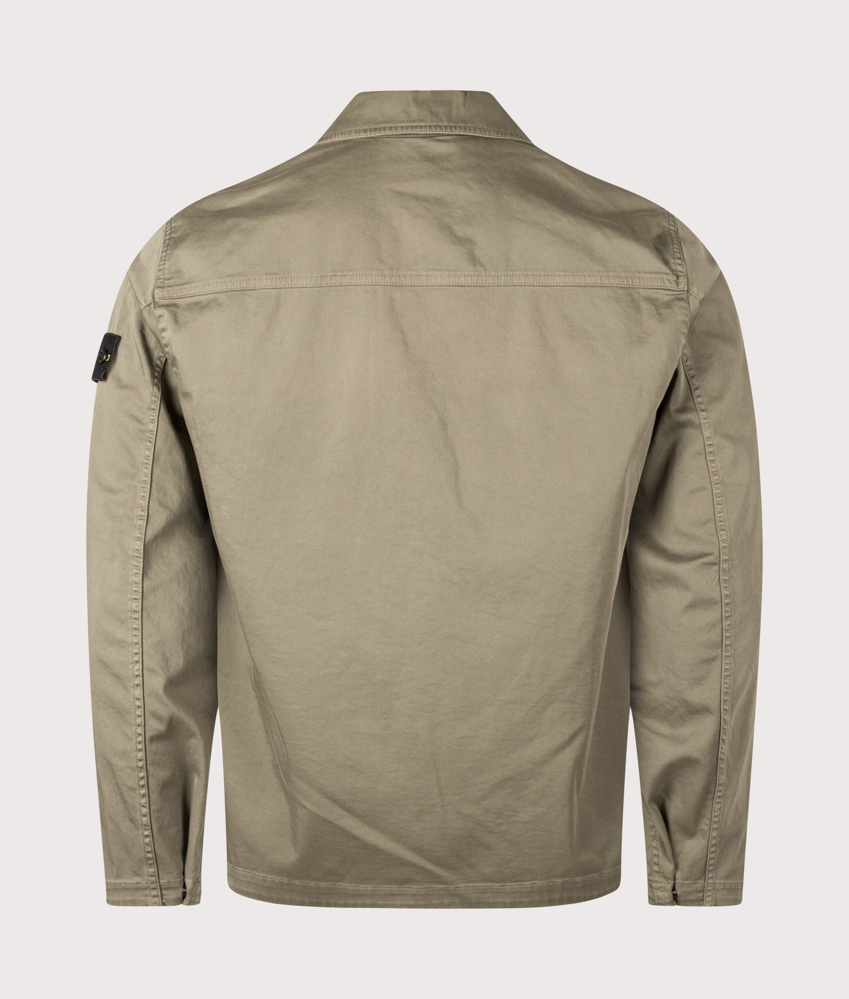 Stone Island Stretch Organic Cotton Satin Overshirt in Military Green at EQVVS Menswear. Back shot.