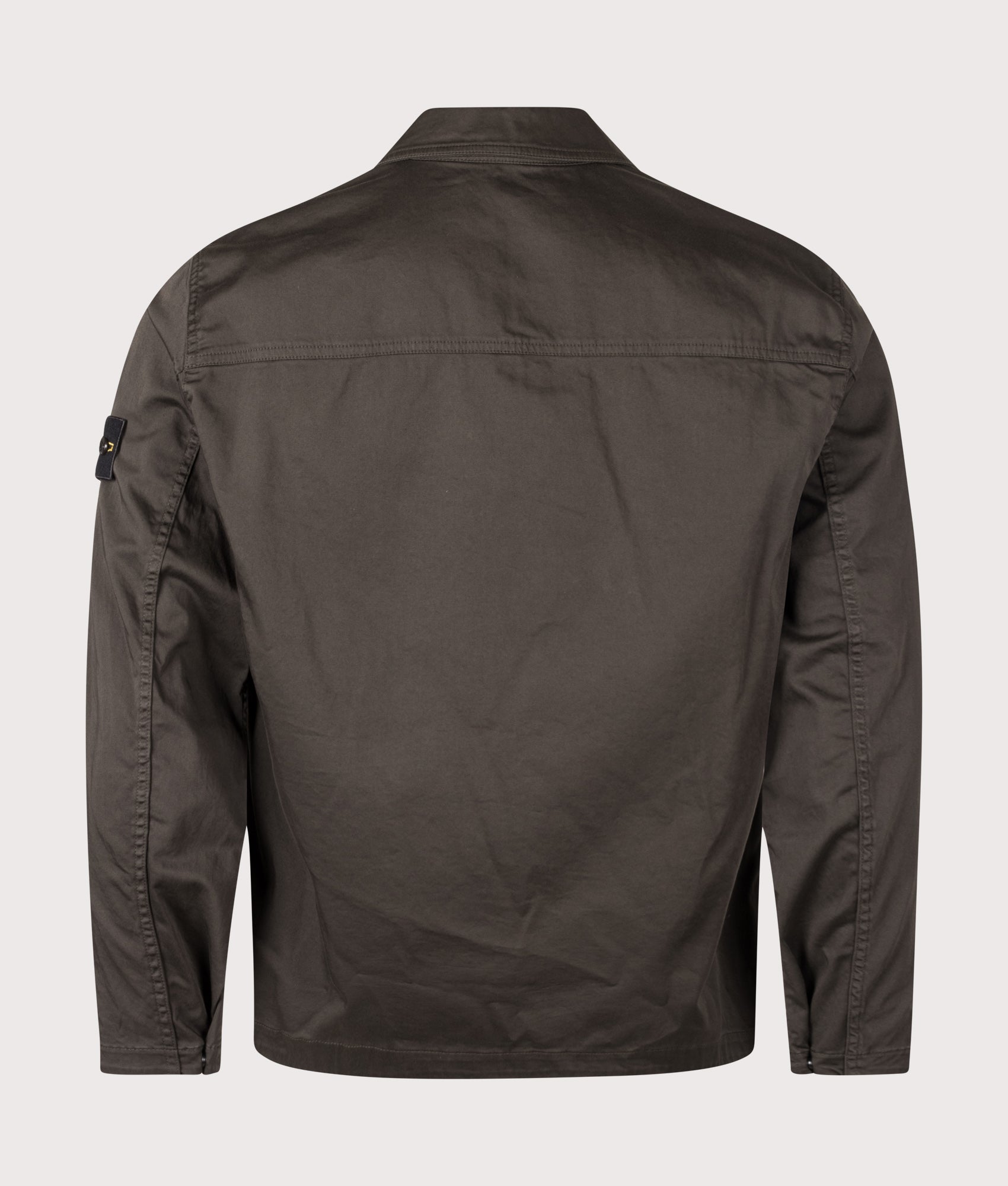 Stone Island Stretch Organic Cotton Satin Overshirt in Coal Grey at EQVVS Menswear. Back shot.