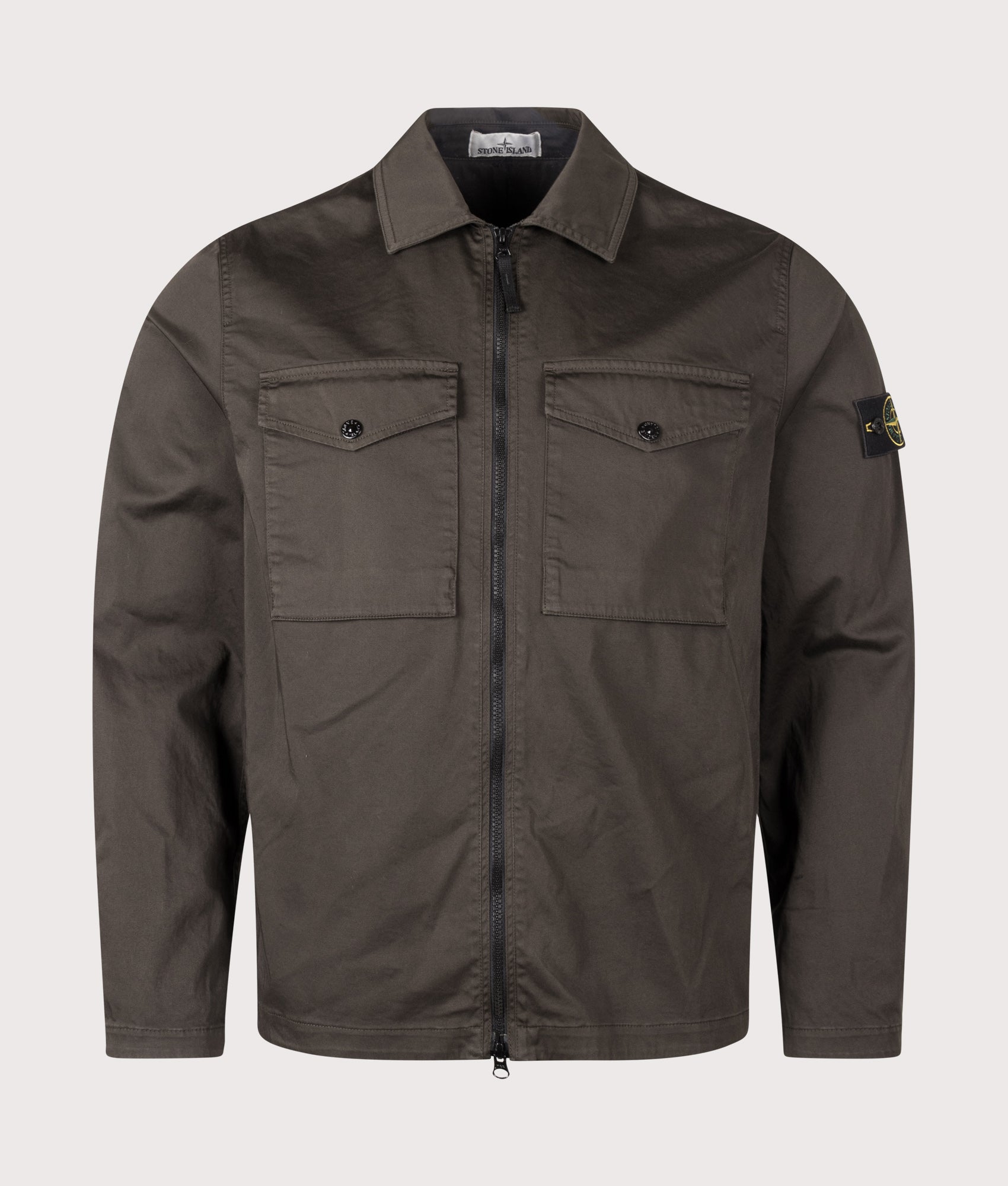 Stone Island Stretch Organic Cotton Satin Overshirt in Coal Grey at EQVVS Menswear. Front shot.