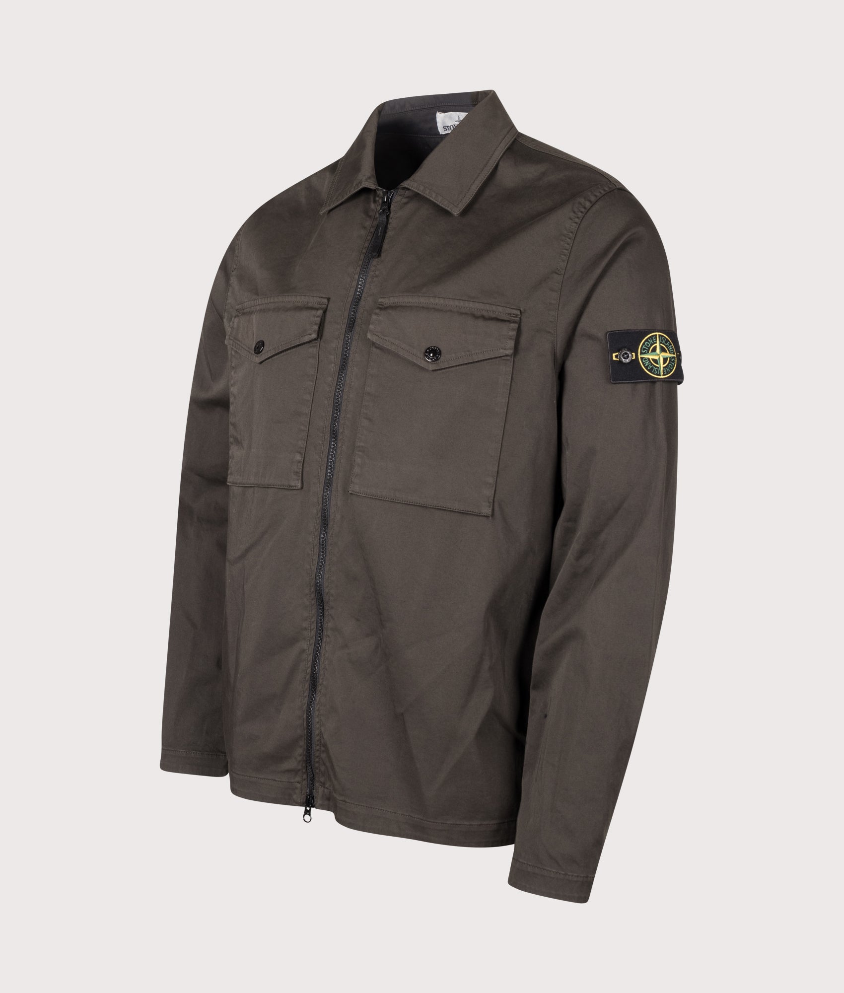 Stone Island Stretch Organic Cotton Satin Overshirt in Coal Grey at EQVVS Menswear. Angled front shot.