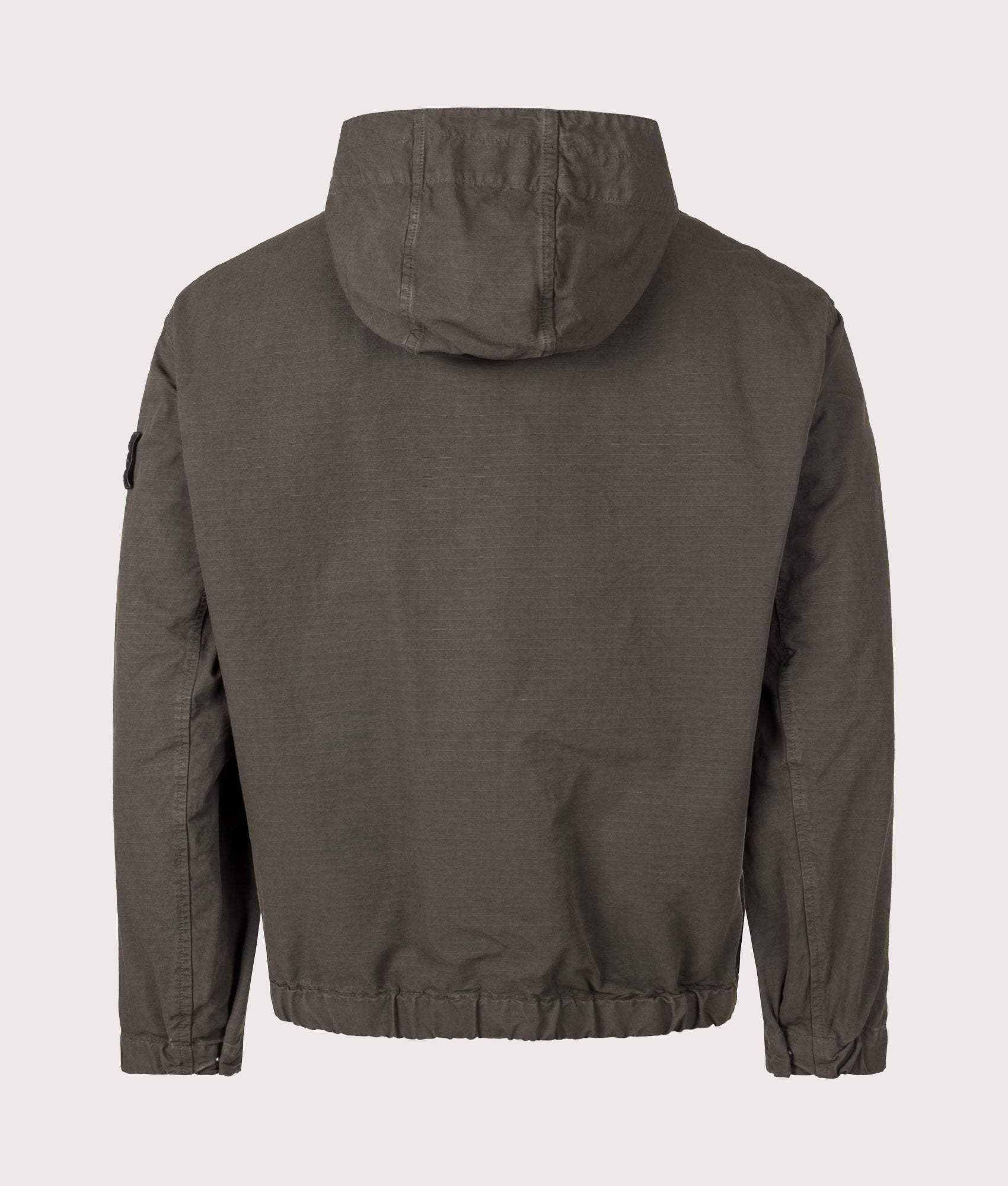 Stone Island Comfort Fit Organic Cotton Ripstop Hooded Overshirt in Coal Grey at EQVVS Menswear. Back shot.