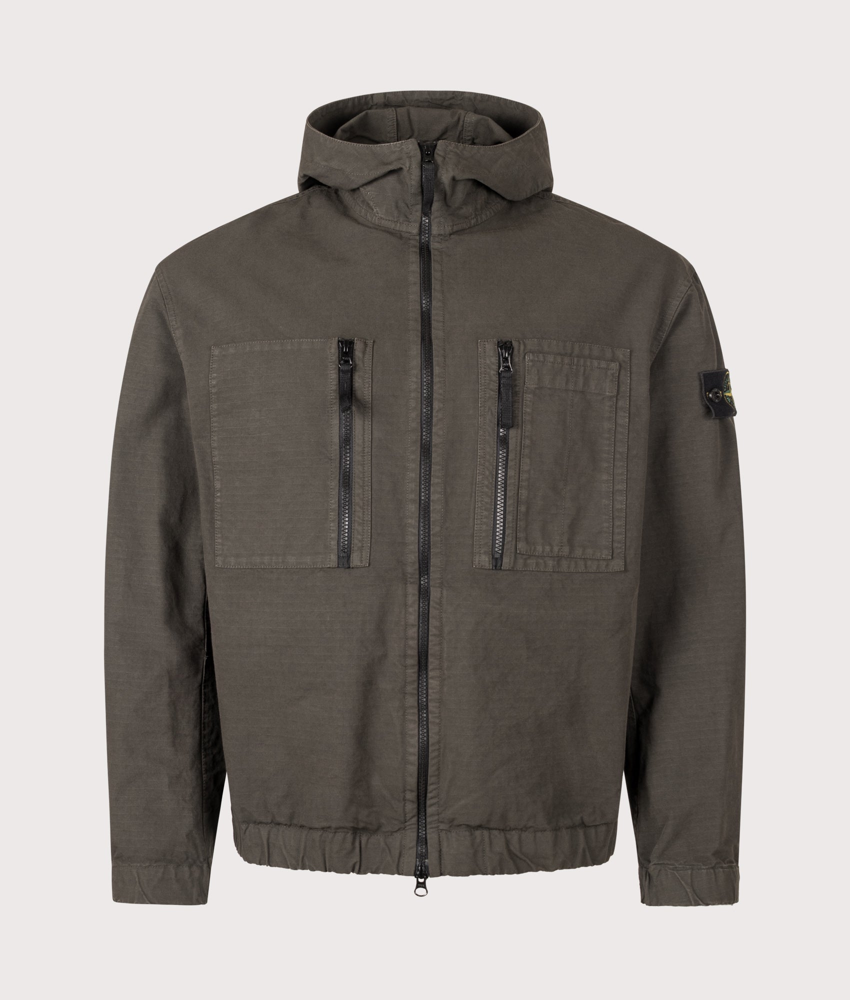Stone Island Comfort Fit Organic Cotton Ripstop Hooded Overshirt in Coal Grey at EQVVS Menswear. Front shot.