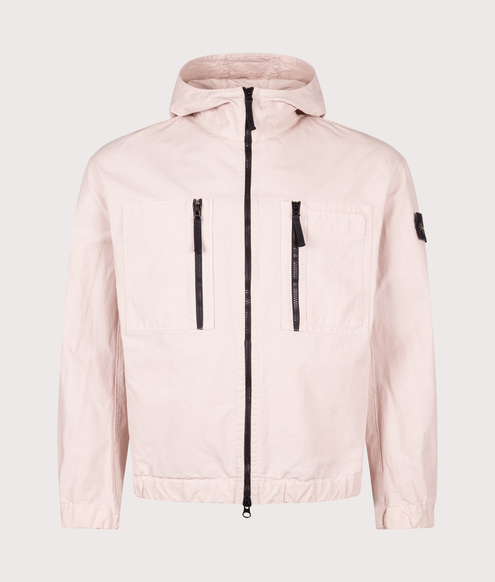 Stone Island Comfort Fit Organic Cotton Ripstop Hooded Overshirt in Antique Rose at EQVVS Menswear. Front shot.