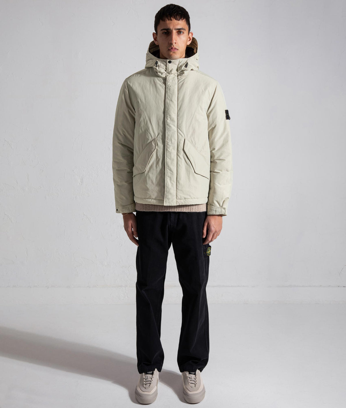 Stone Island Micro Twill Jacket in Sand at EQVVS Menswear. Model front shot.
