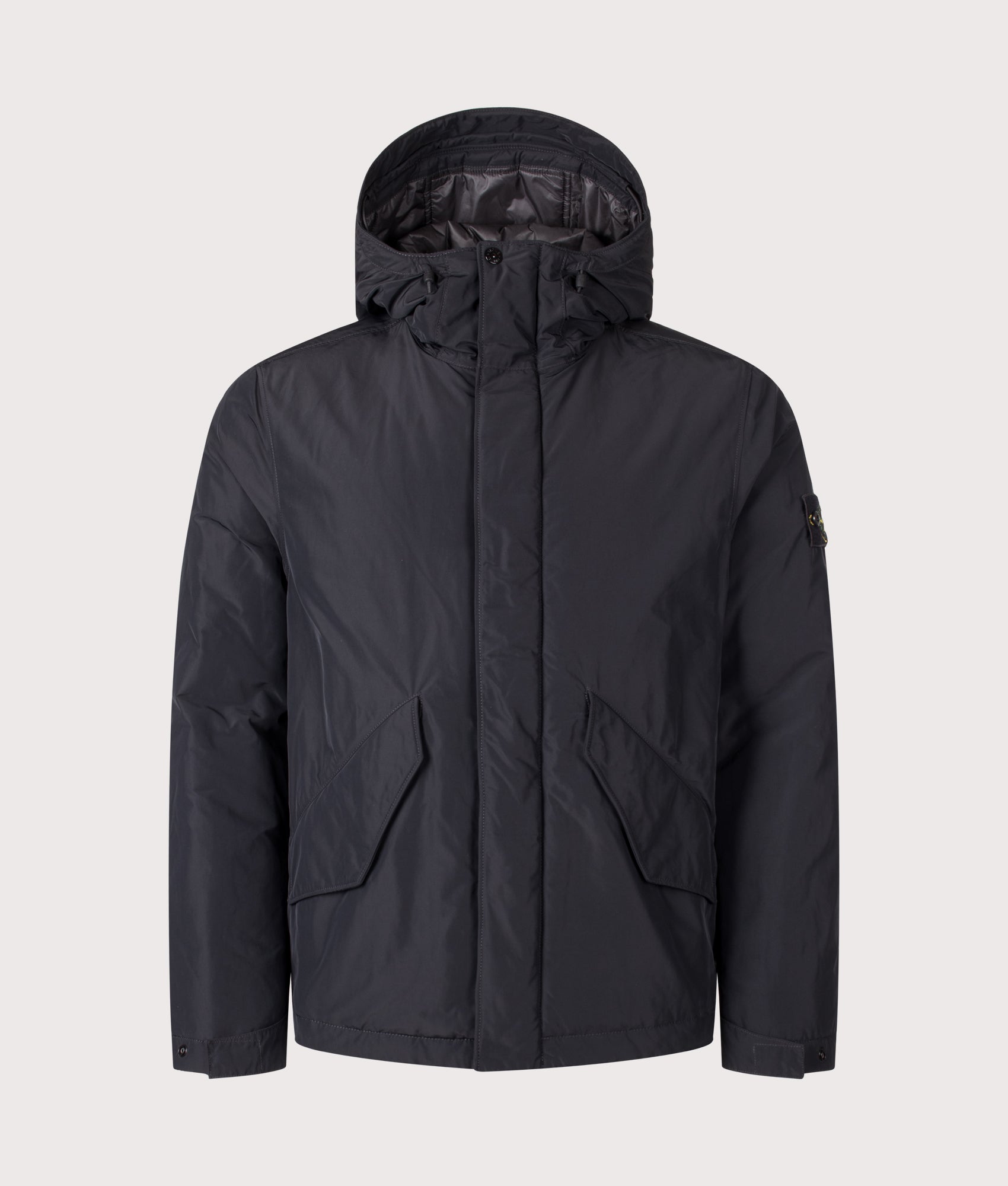 Stone Island Micro Twill Jacket in Black at EQVVS Menswear. Front shot.