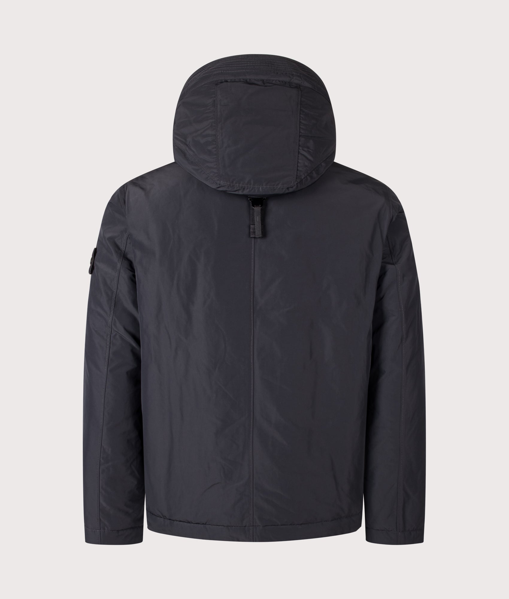 Stone Island Micro Twill Jacket in Black at EQVVS Menswear. Back shot.