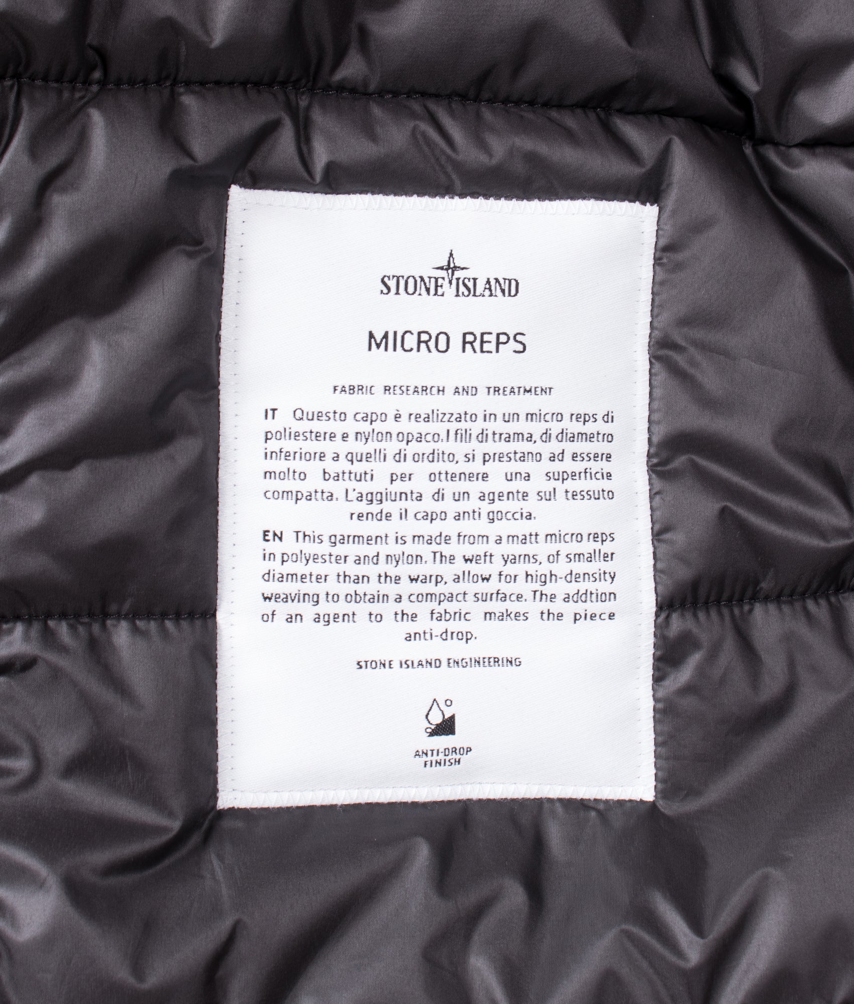 Stone Island Micro Twill Jacket in Black at EQVVS Menswear. Label shot.