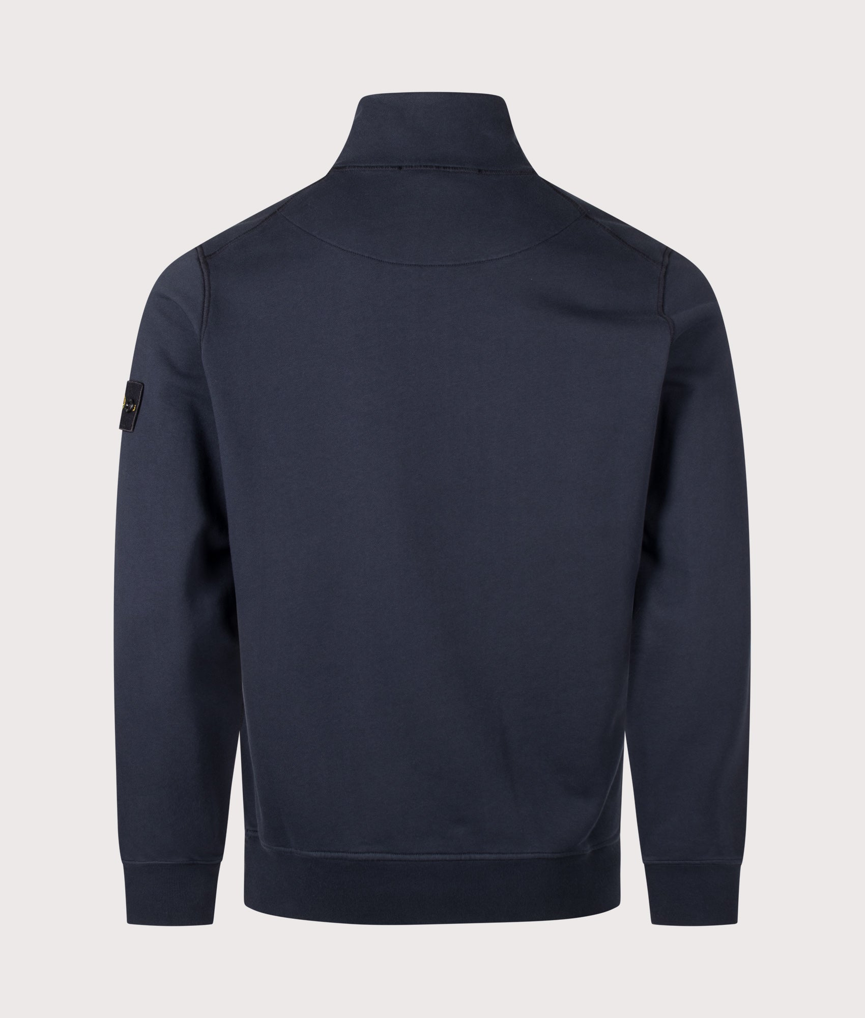 Stone Island Organic Cotton Fleece Quarter Zip Sweatshirt in Navy Blue at EQVVS Menswear. Back shot.