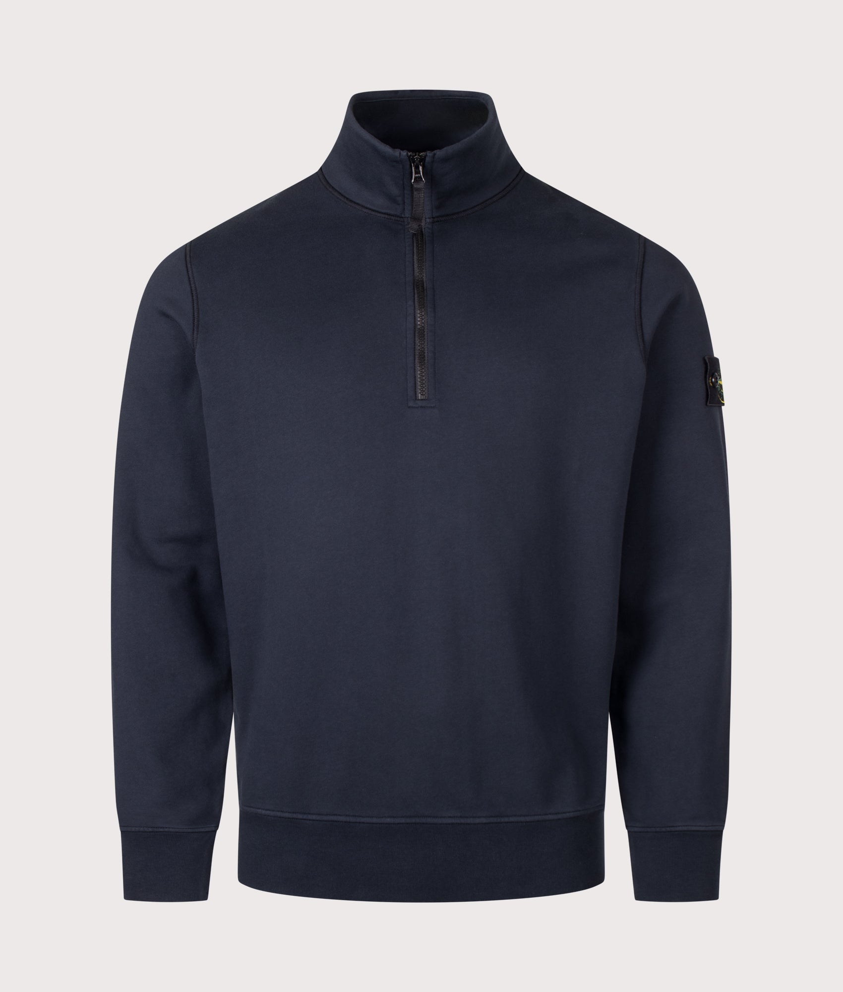 Stone Island Organic Cotton Fleece Quarter Zip Sweatshirt in Navy Blue at EQVVS Menswear. Front shot.