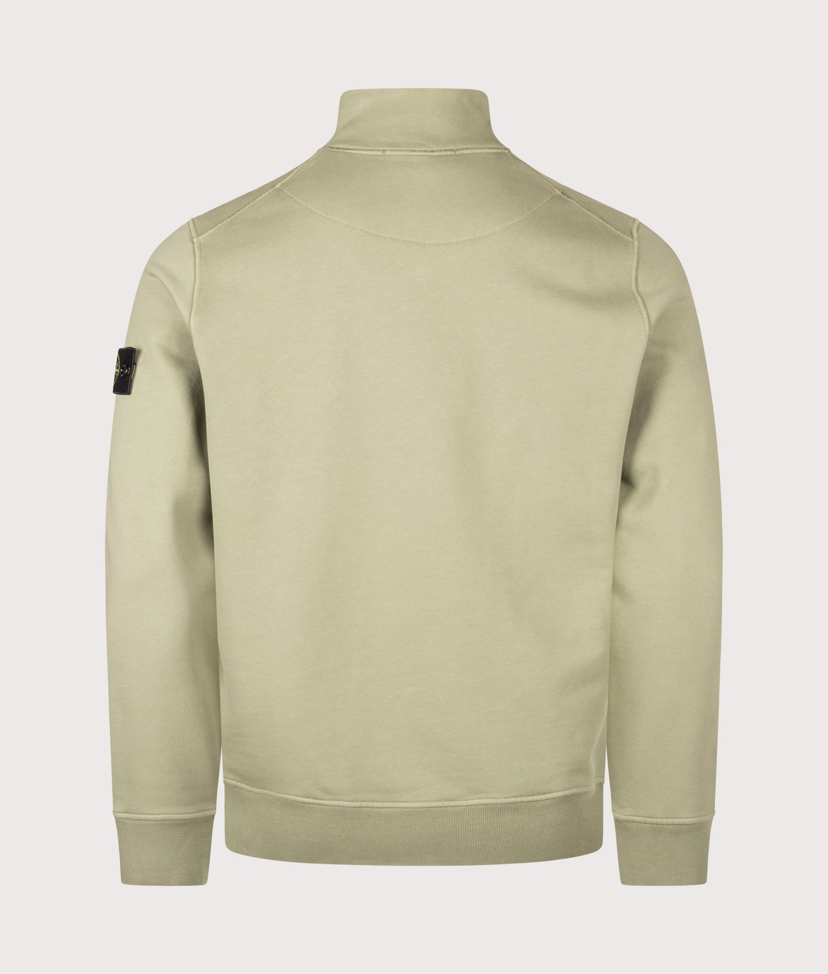 Stone Island Organic Cotton Fleece Quarter Zip Sweatshirt in Laurel Green at EQVVS Menswear. Back shot.