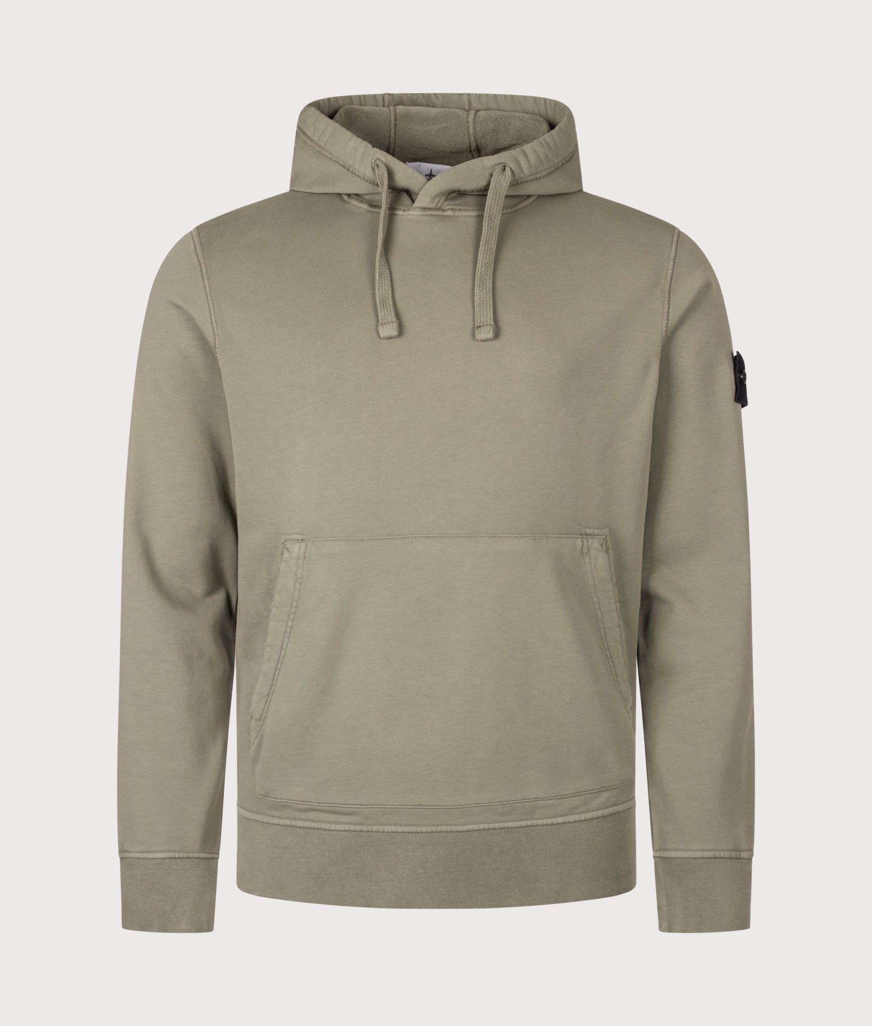 Stone Island Organic Cotton Fleece Hoodie in Military Green at EQVVS Menswear. Front shot.