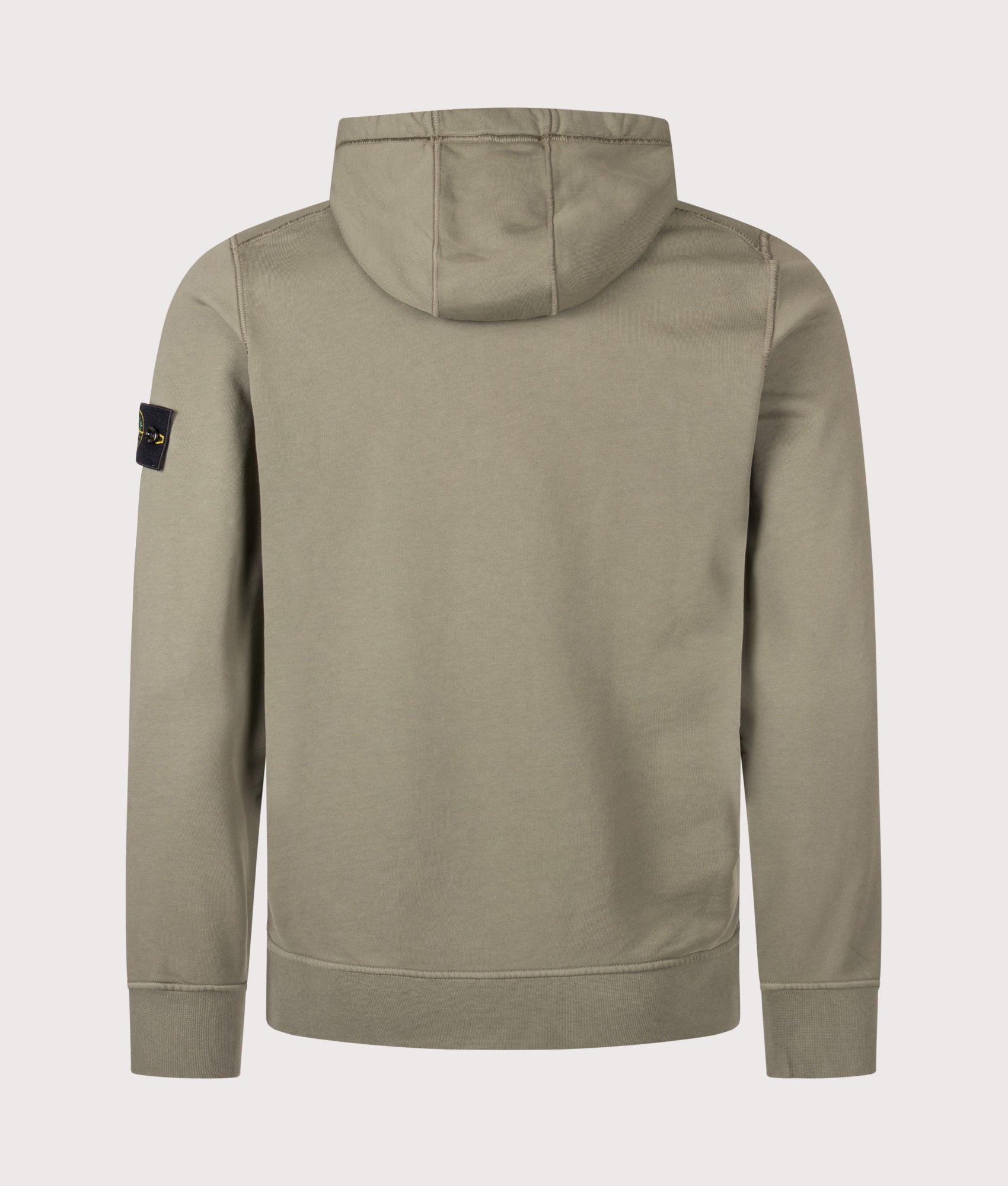 Stone Island Organic Cotton Fleece Hoodie in Military Green at EQVVS Menswear. Back shot.
