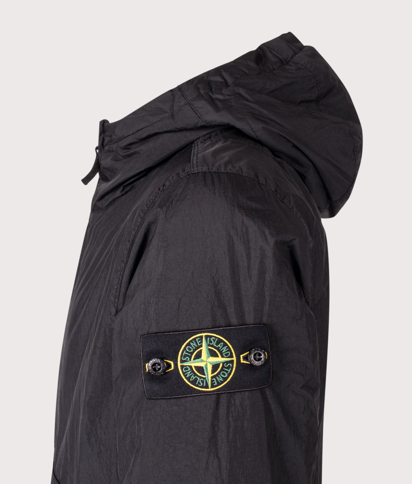 Stone Island Crinkle Reps NY Jacket in Black at EQVVS Menswear. Detail shot.