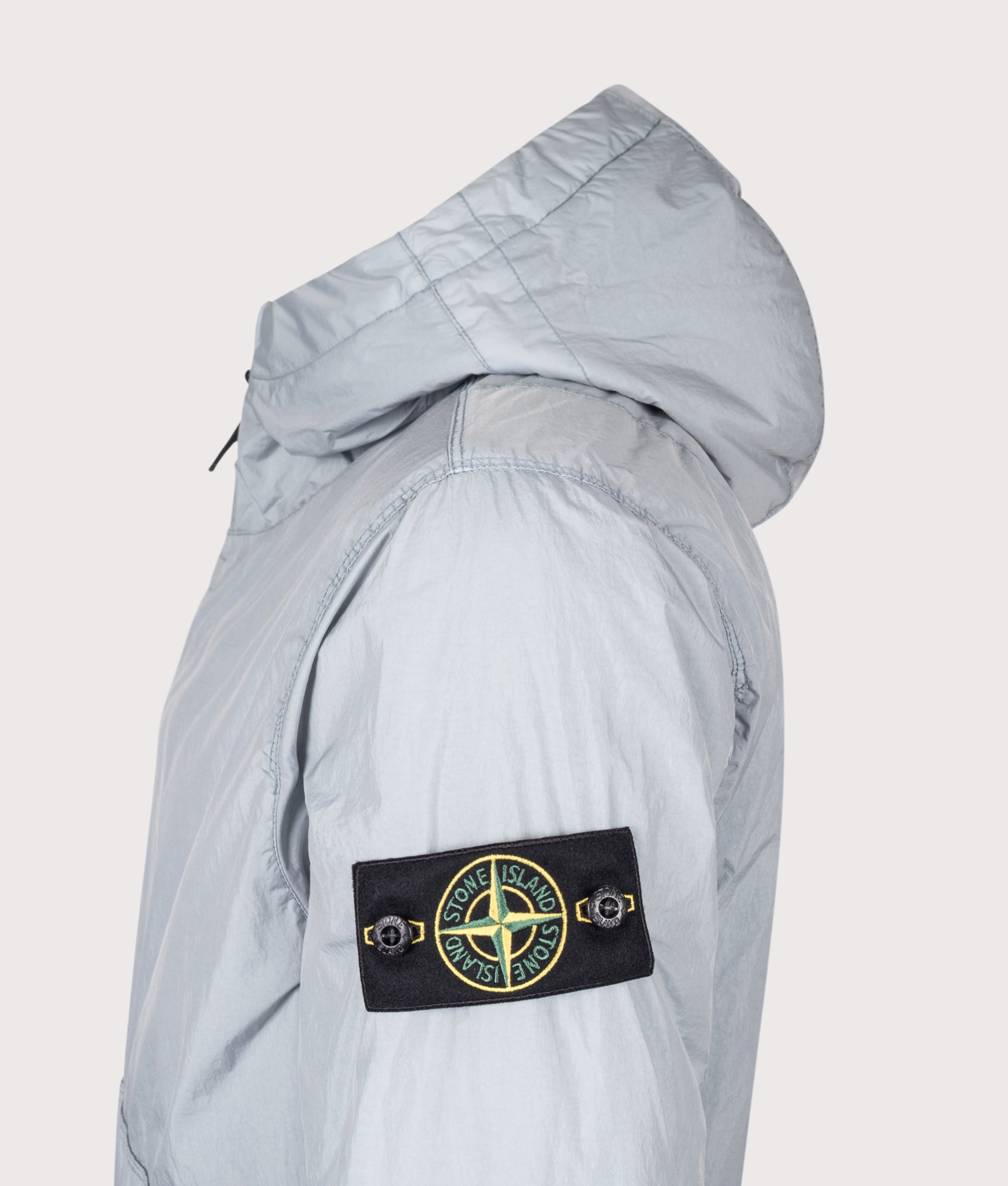Stone Island Crinkle Reps NY Jacket in Ash Grey at EQVVS Menswear. Detail shot.