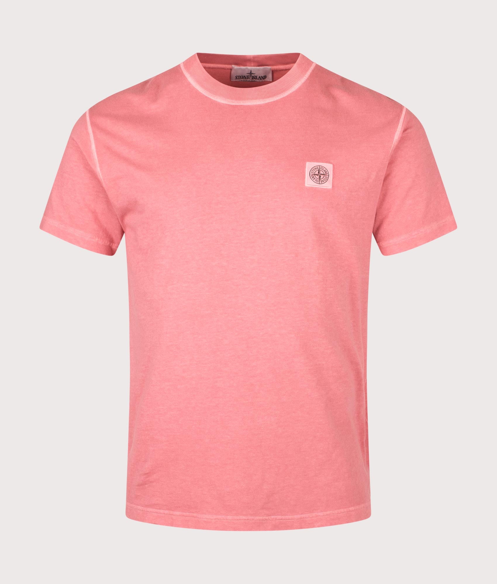 Stone Island Slim Fit Organic Cotton 'FISSATO' Effect T-Shirt in Geranium at EQVVS Menswear. Front shot.