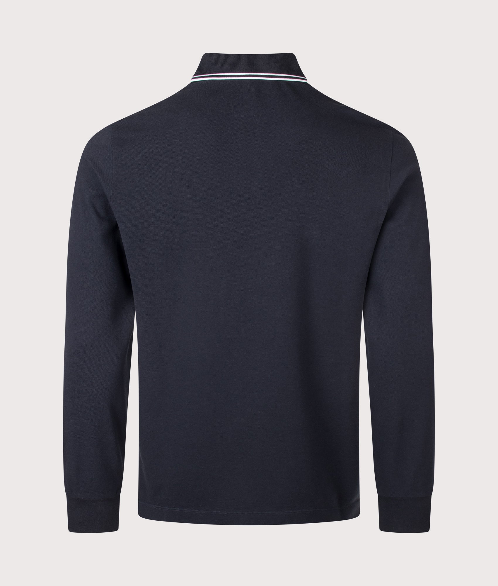 Stone Island Slim Fit Long Sleeve Polo Shirt in Navy Blue at EQVVS Menswear. Back shot.