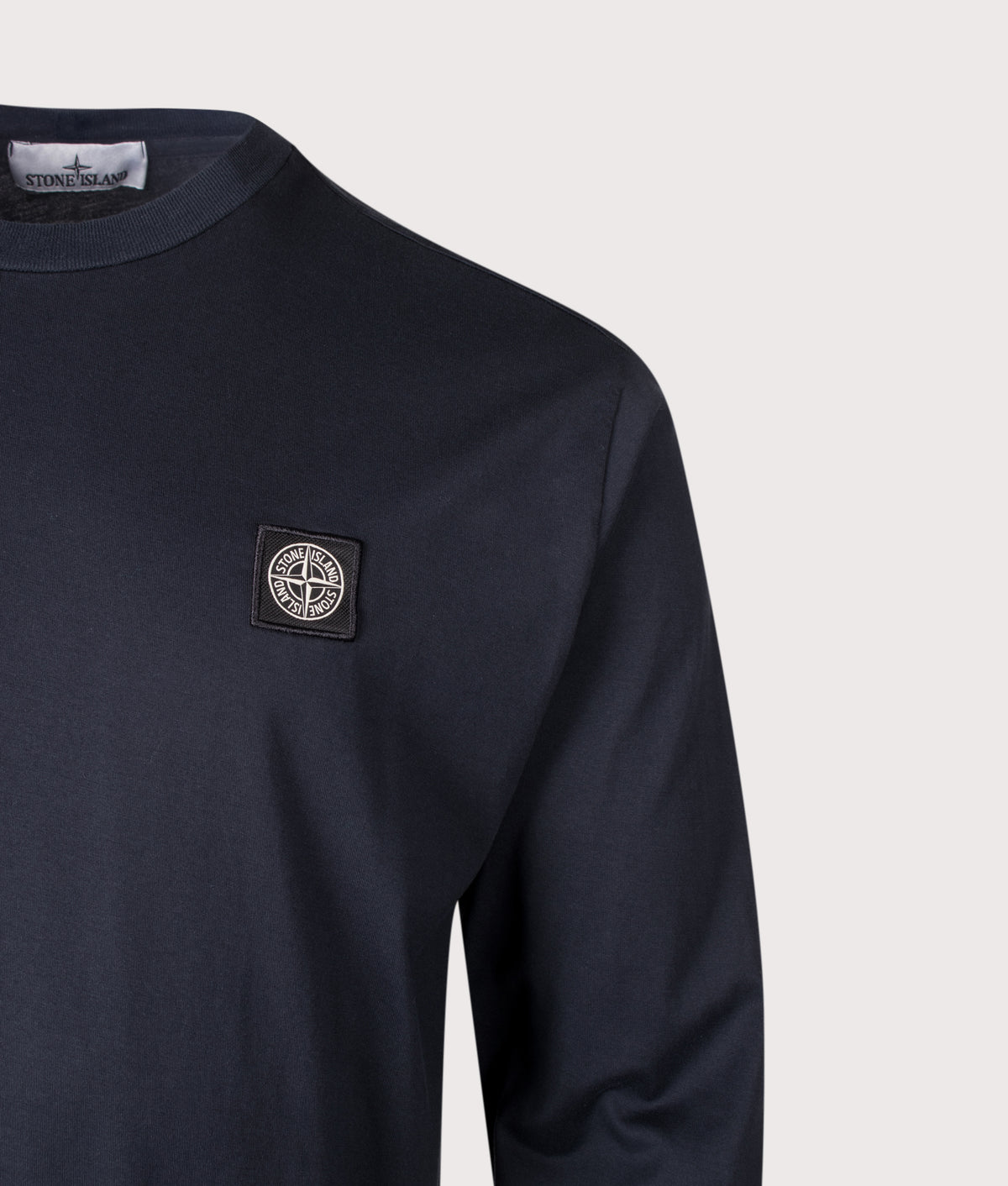 Stone Island Slim Fit Long Sleeve 60/2 Cotton T-Shirt in Navy Blue at EQVVS Menswear. Detail shot.