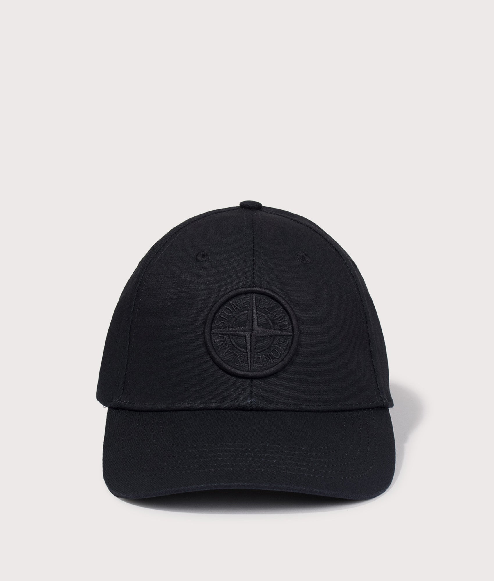 Stone Island Cotton Reps Baseball Cap in Black at EQVVS Menswear. Front shot.