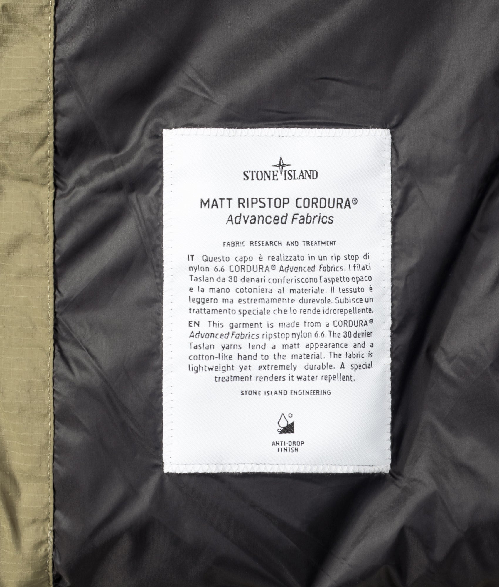 Stone Island Matt Ripstop Cordura® Advanced Fabrics Vest in Military Green at EQVVS Menswear. Label shot.