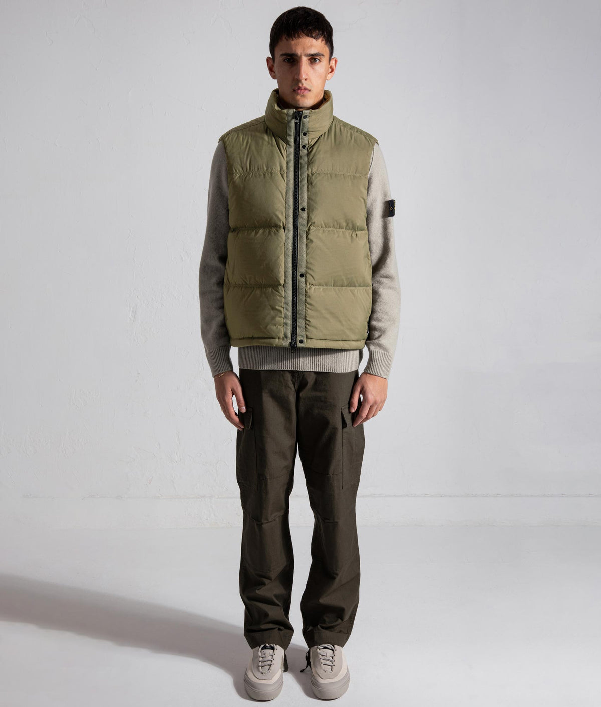 Stone Island Matt Ripstop Cordura® Advanced Fabrics Vest in Military Green at EQVVS Menswear. Model Front shot.